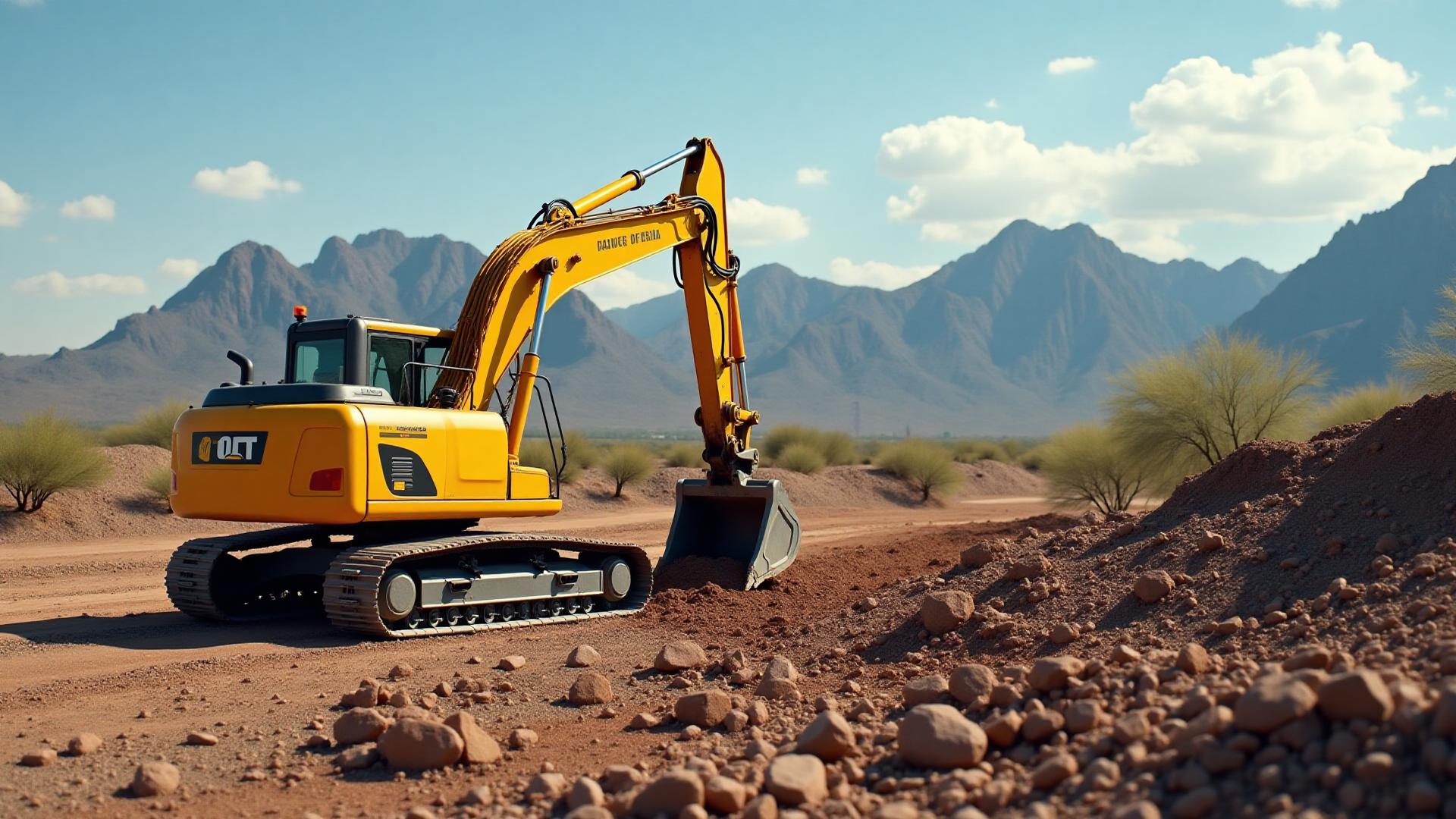Excavation services in Phoenix with excavator and desert skyline